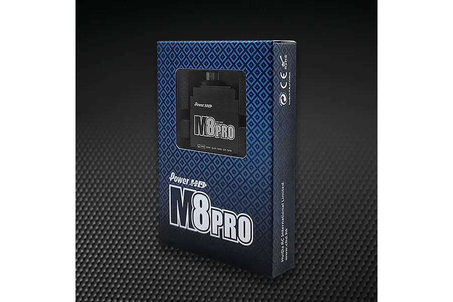 Power HD M8 Pro coreless servo in its blue and black patterned retail packaging box.