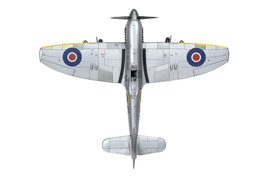 Top-down view of a silver Hawker Tempest Mk.V model aircraft with RAF roundels on the wings.