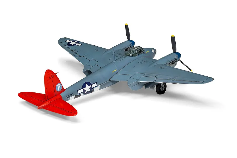 A completed 1/72 scale plastic model of a de Havilland Mosquito aircraft with a grey body and bright red tail section.