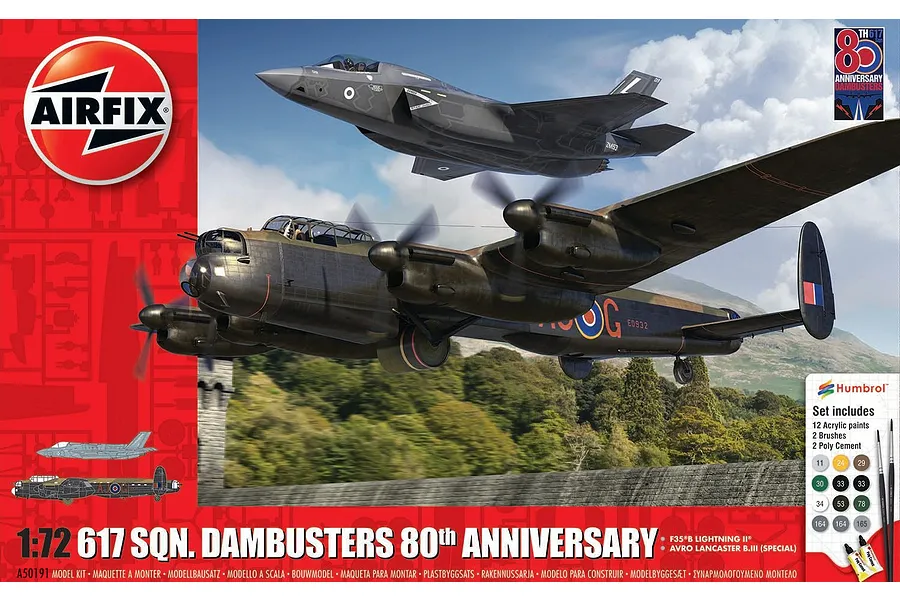 Airfix 1/72 scale 617 Sqn Dambusters 80th Anniversary model kit box art featuring an Avro Lancaster and an F-35B Lightning II flying over a dam.