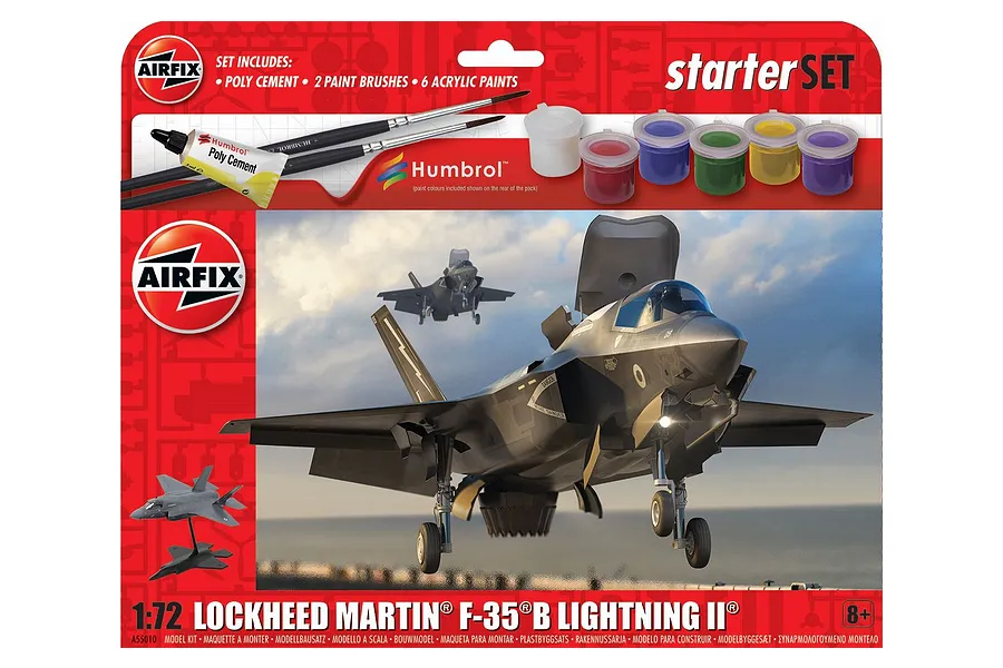 Airfix 1/72 scale Lockheed Martin F-35B Lightning II starter set model kit packaging showing the aircraft and included paints and brushes.