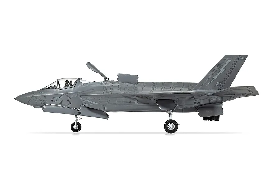 A side profile view of a fully assembled and painted 1/72 scale plastic model of an F-35B Lightning II fighter jet on a white background.