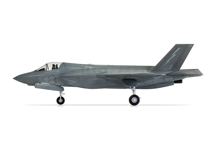 A side profile view of a fully assembled and painted 1/72 scale Lockheed Martin F-35B Lightning II model aircraft on a white background.
