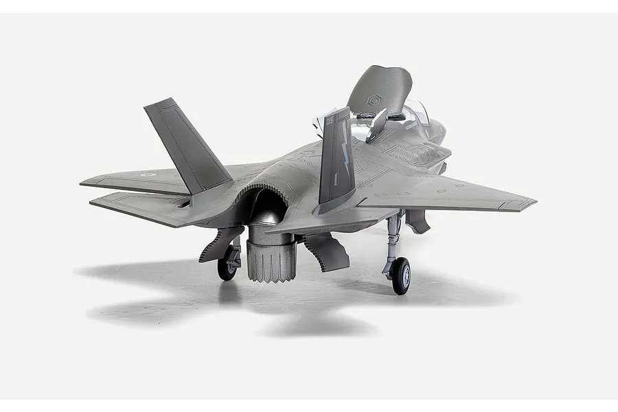 Rear view of an assembled and painted 1/72 scale Airfix Lockheed Martin F-35B Lightning II plastic model jet on a white background.