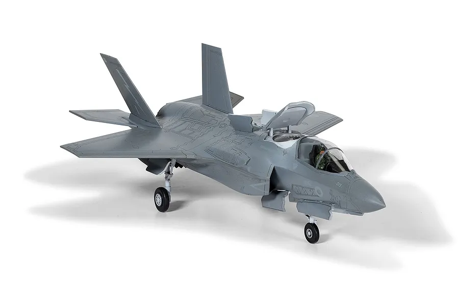 A fully assembled and painted 1/72 scale plastic model of a Lockheed Martin F-35B Lightning II fighter jet, shown on a white background.