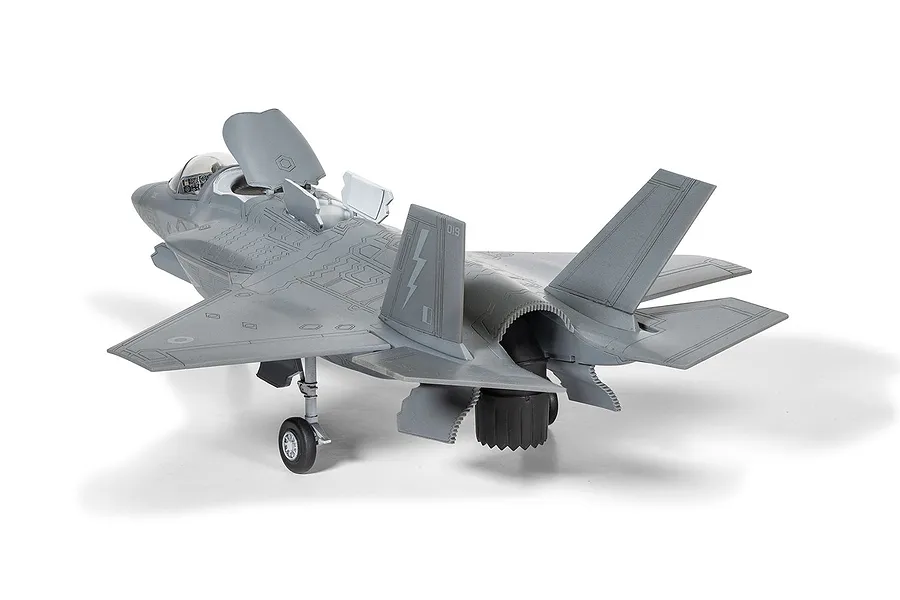 A rear three-quarter view of an assembled and painted 1/72 scale Airfix F-35B Lightning II plastic model aircraft on a white background.