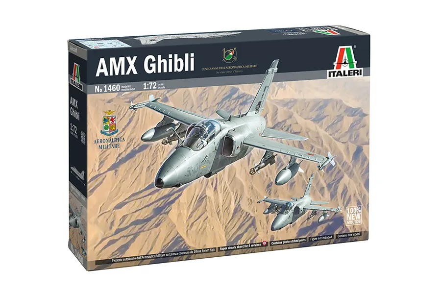 Italeri 1/72 scale AMX Ghibli plastic model aircraft kit box showing two jets flying over a desert landscape.