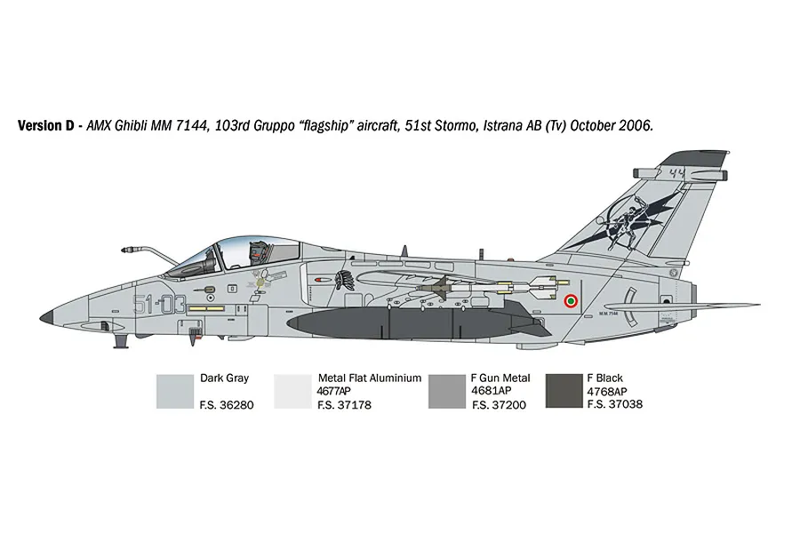 A side-profile technical illustration of an AMX Ghibli aircraft showing camouflage and decal placement for a model kit.
