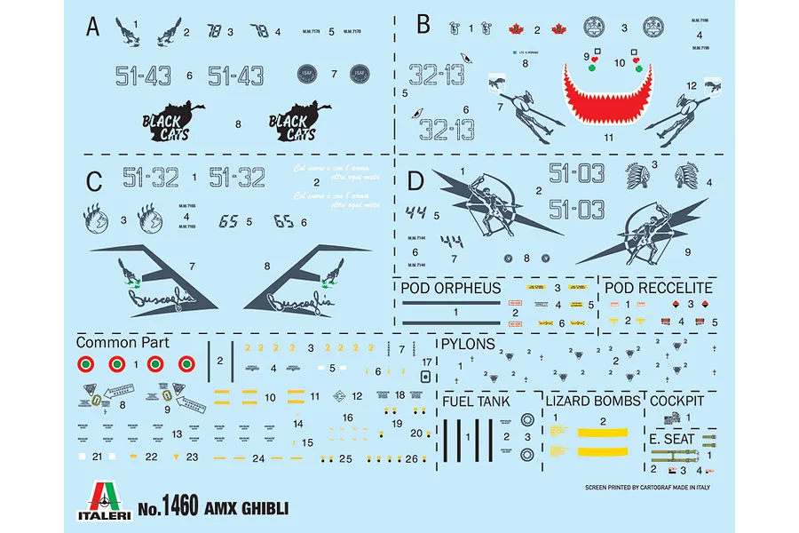 A decal sheet for the Italeri 1/72 scale AMX Ghibli model kit, featuring various military markings, squadron logos, and stencils on a light blue background.