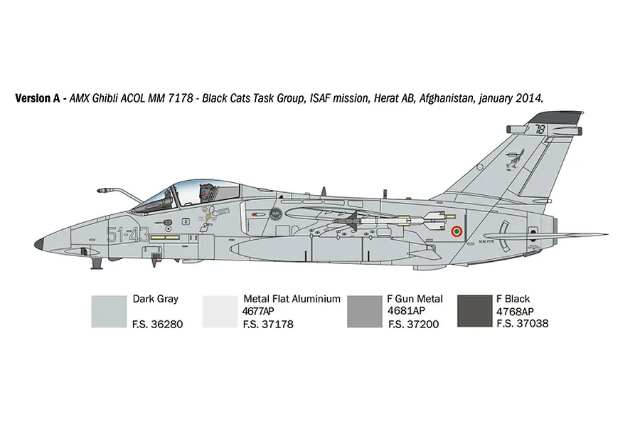 A side-profile technical illustration of an AMX Ghibli aircraft with a color guide for model painting.