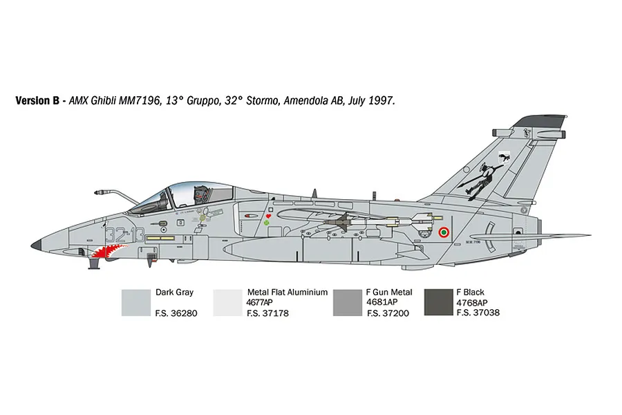 A side-profile technical illustration of an AMX Ghibli aircraft showing paint scheme and decal placement for a model kit.