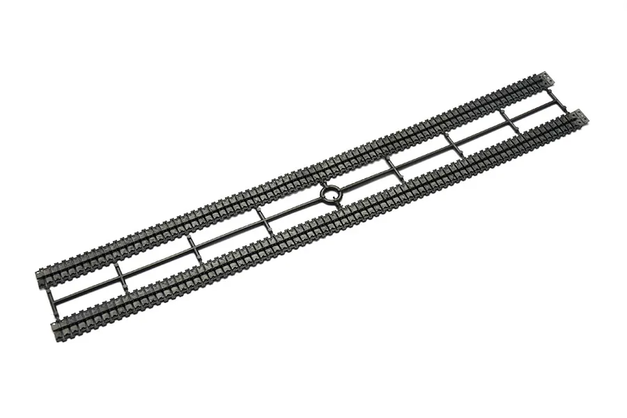 A black plastic sprue containing two tank track segments for a 1/35 scale model kit.