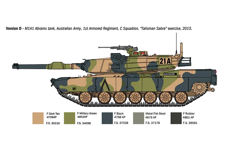 A side-profile illustration of an M1A1 Abrams tank in Australian Army camouflage, showing paint color codes for model assembly.