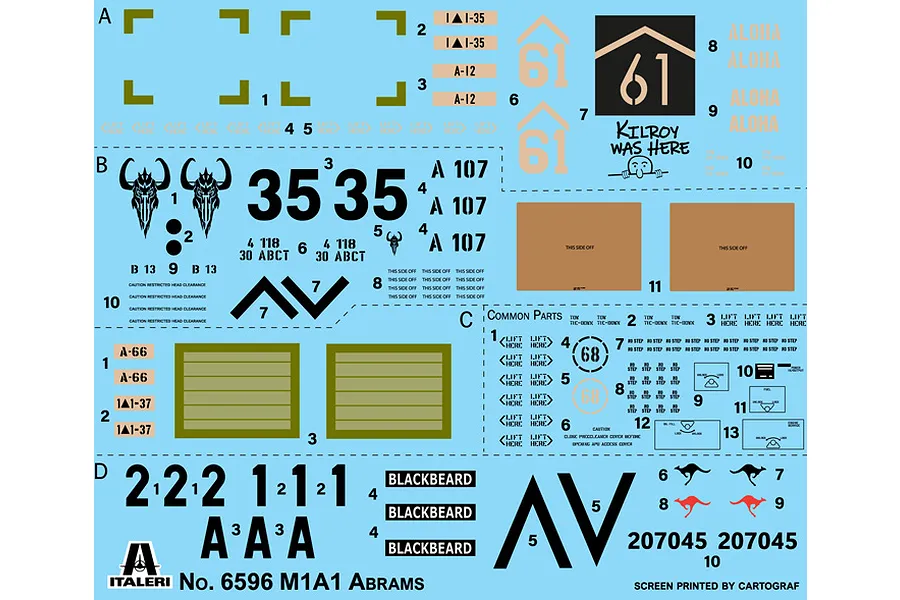 A sheet of waterslide decals for a 1/35 scale Italeri M1A1 Abrams model kit, featuring various markings, numbers, and Australian-themed symbols.