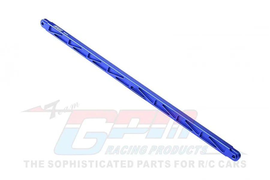A blue anodized aluminium chassis brace for RC cars by GPM Racing, featuring a lightweight skeletonized design.