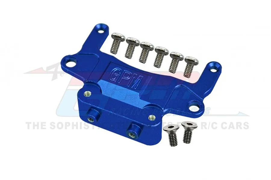 A blue anodized aluminium rear lower gearbox mount for an RC car by GPM Racing, shown with several small silver mounting screws.