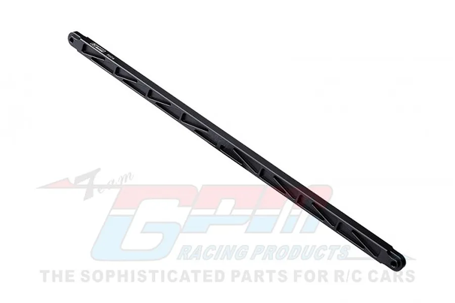 A black anodized aluminium chassis brace for RC cars, featuring a lightweight truss design and mounting holes at each end.