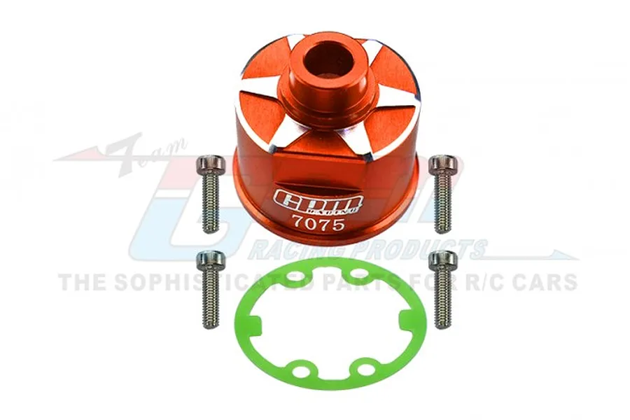 GPM Racing orange anodized aluminium differential case with four mounting screws and a green gasket on a white background.