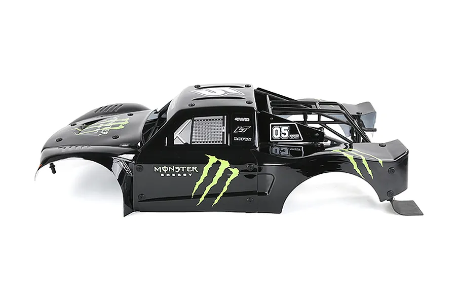 A black Rovan 1/5 scale short course RC truck body shell with a pre-installed roll cage and Monster Energy decals.