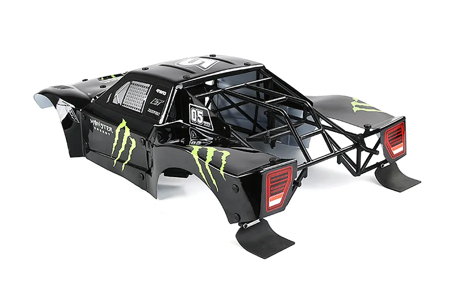A black Rovan 1/5 scale short course RC truck body shell with an integrated black roll cage and Monster Energy decals.