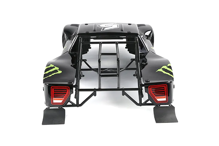 Rear view of a black Rovan 1/5 scale short course RC truck body shell with an integrated black roll cage and green claw-style decals.
