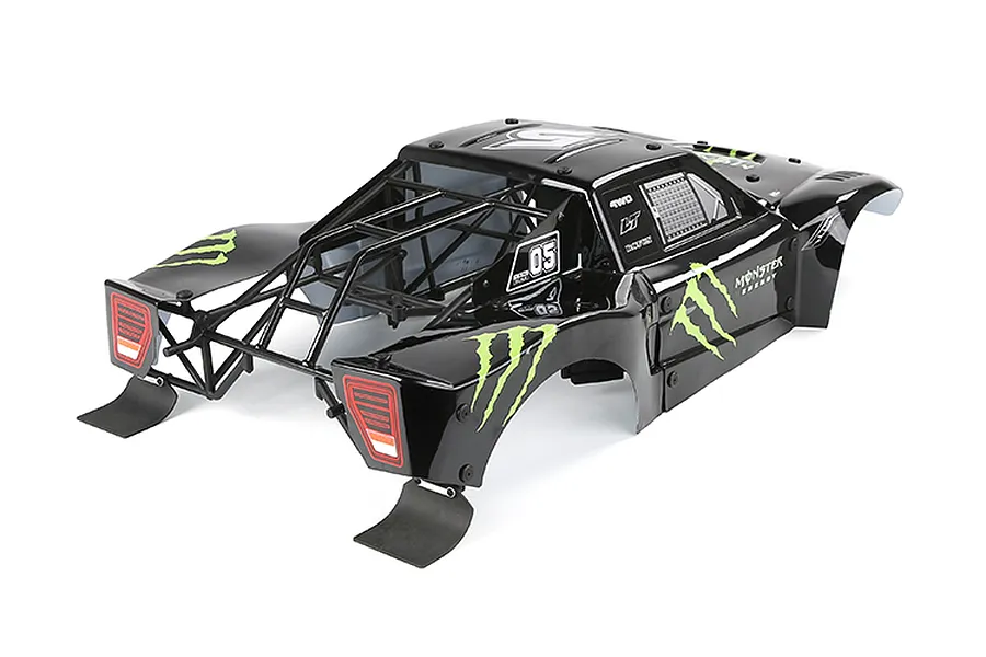 A black Rovan 1/5 scale short course RC body shell with an integrated black roll cage, featuring Monster Energy decals and number 05 graphics.