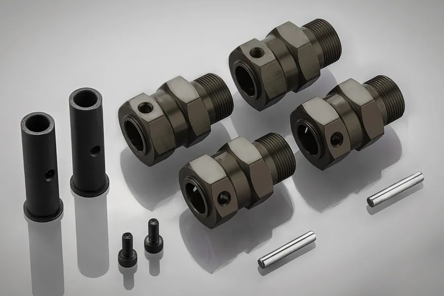 Rovan gunmetal aluminium reinforced extended shaft kit including four wheel hex adapters, two sleeves, two pins, and two screws.