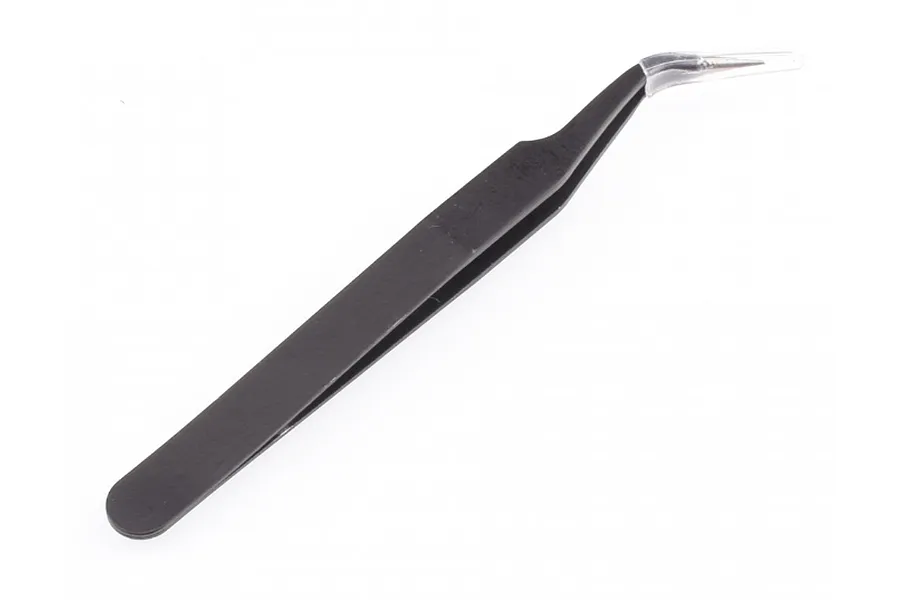 A pair of black bent-tip tweezers with a clear plastic protective cap on the tip, set against a plain white background.