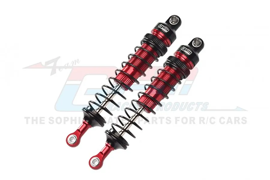 Two GPM Racing red and black aluminium adjustable RC shock absorbers shown on a white background.