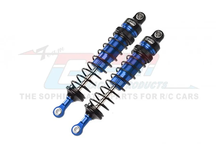 Two GPM Racing blue and black adjustable aluminium RC shock absorbers on a white background with a faint GPM logo watermark.
