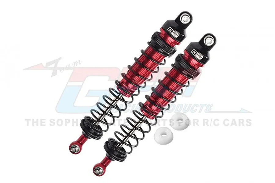 Two GPM Racing red and black aluminium adjustable RC shock absorbers with two small white plastic spacers on a white background.