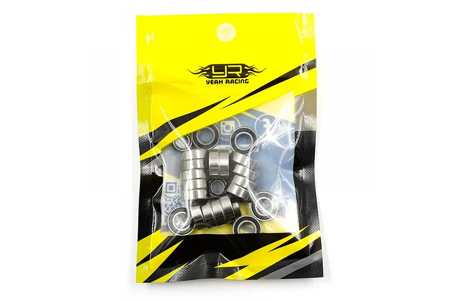 A sealed plastic bag containing a set of metal ball bearings from Yeah Racing, featuring a yellow and black branded header card.