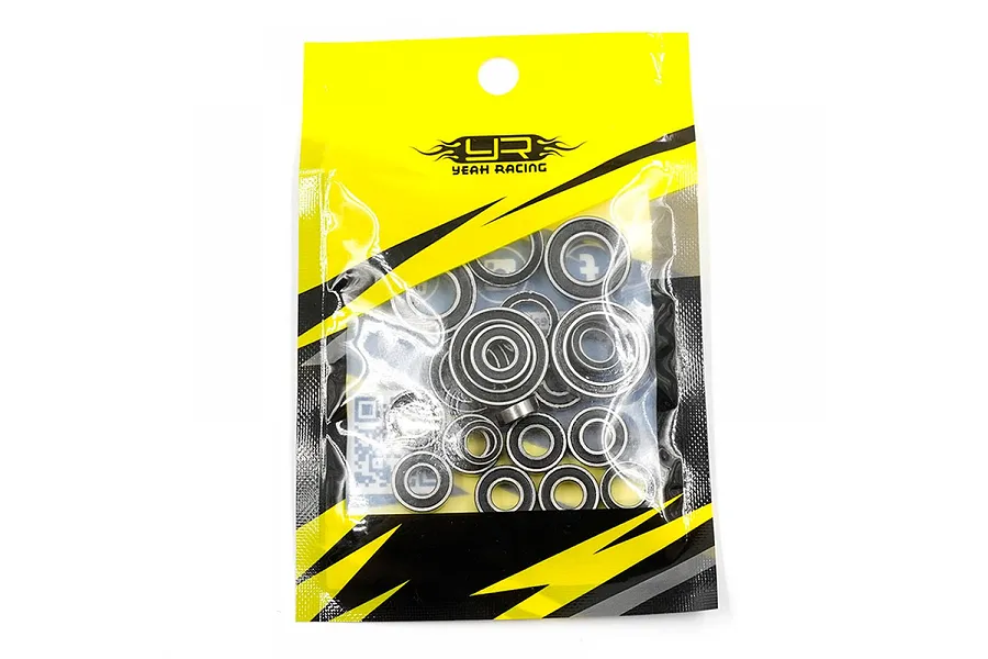 A sealed plastic bag containing a set of various sized metal ball bearings with rubber shields, branded with the Yeah Racing logo.