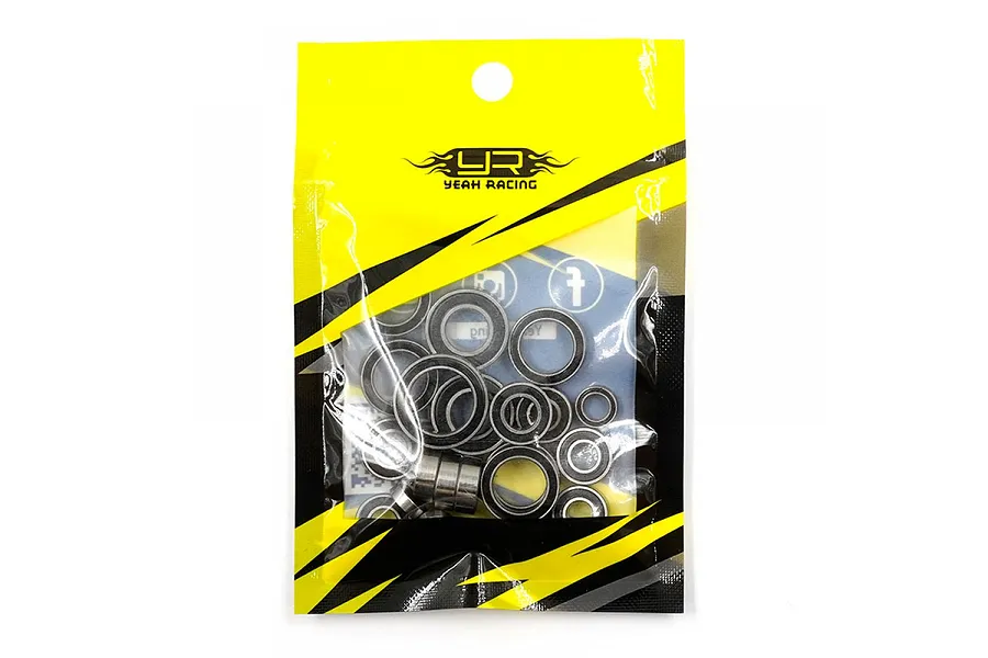 A sealed plastic retail bag containing a set of various sized metal ball bearings from Yeah Racing.
