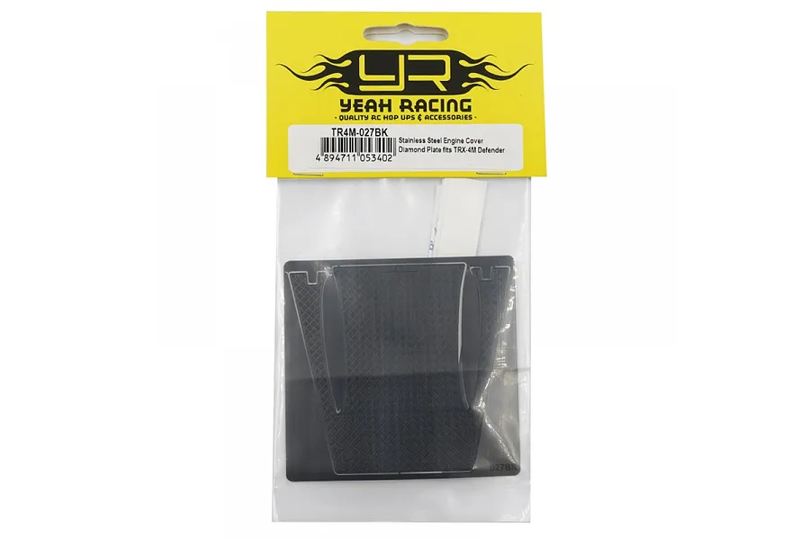 Yeah Racing black stainless steel diamond plate engine cover for TRX-4M Defender in retail packaging.