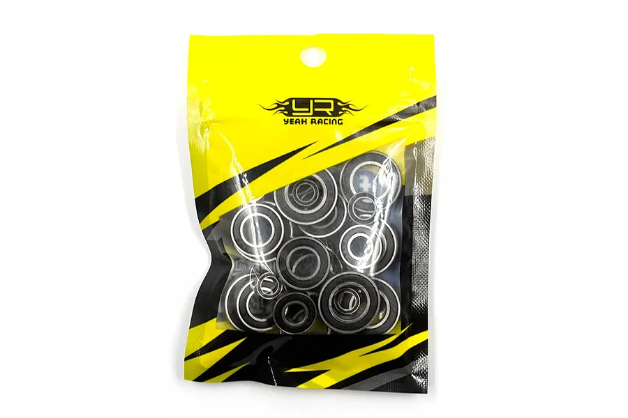 A sealed plastic bag containing a set of various sized rubber shielded ball bearings from Yeah Racing.