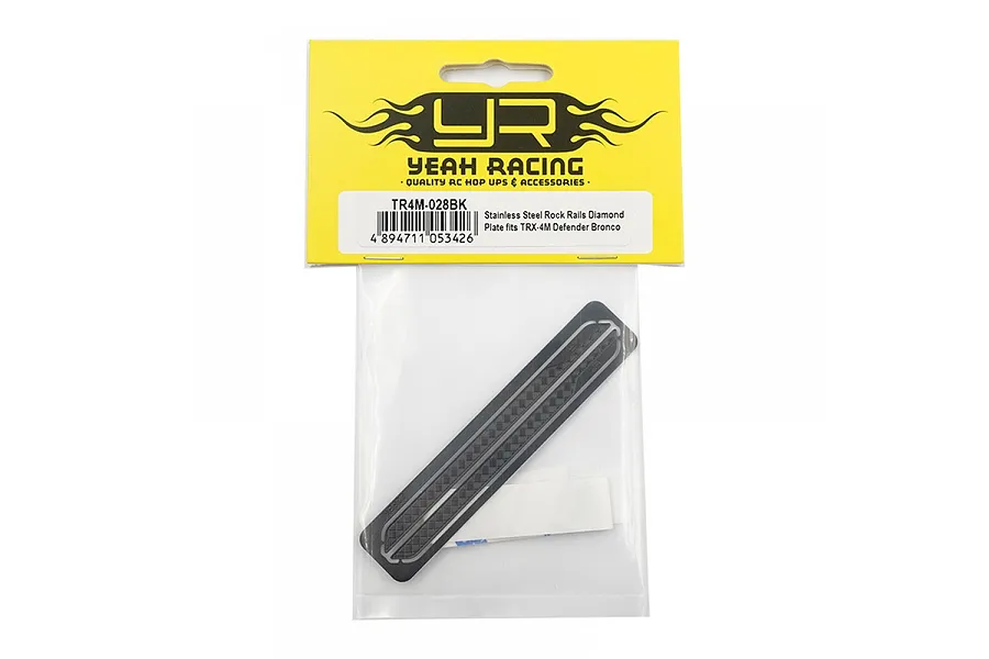 Yeah Racing black stainless steel diamond plate rock rails for TRX-4M in retail packaging.