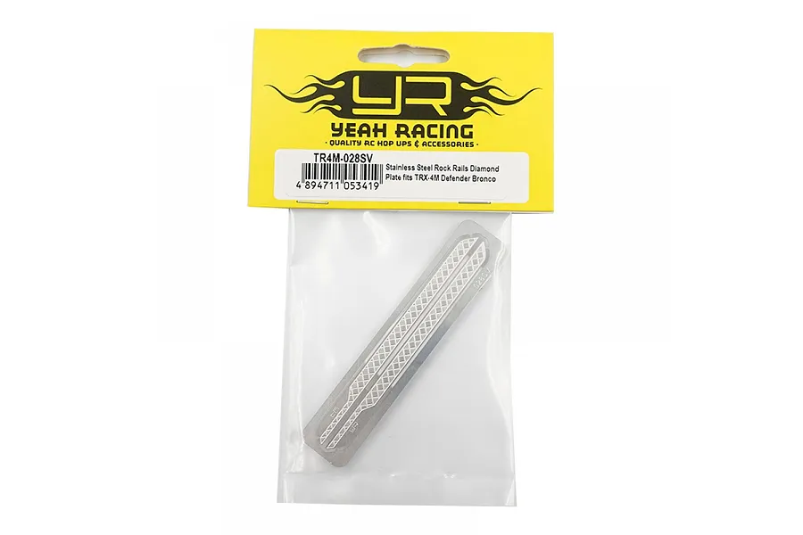 Yeah Racing stainless steel diamond plate rock rails for TRX-4M in original yellow and white retail packaging.
