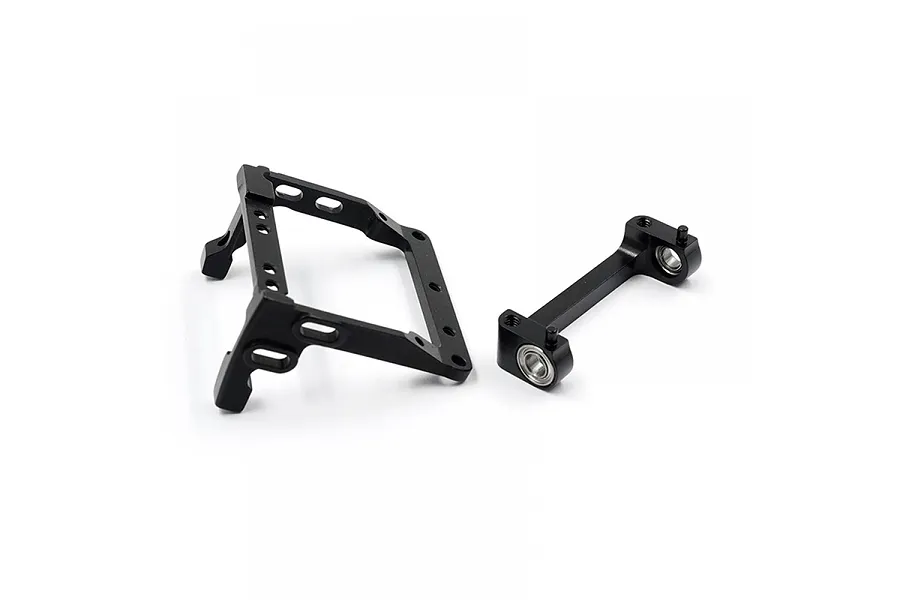 Yeah Racing black aluminium motor mount set for RC cars, featuring a main frame and a separate cross-brace with integrated ball bearings.