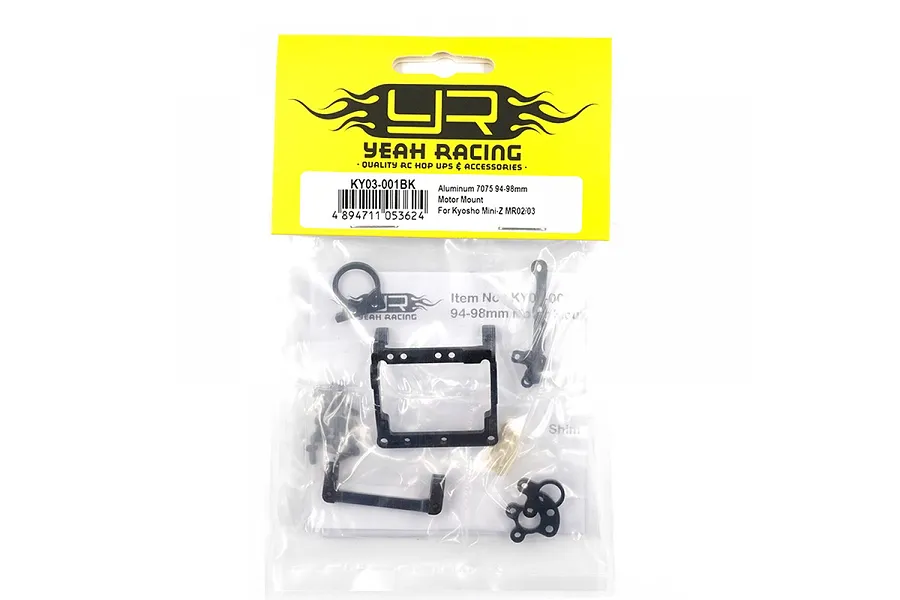 Yeah Racing black aluminium 94-98mm motor mount set for Kyosho Mini-Z in original retail packaging.