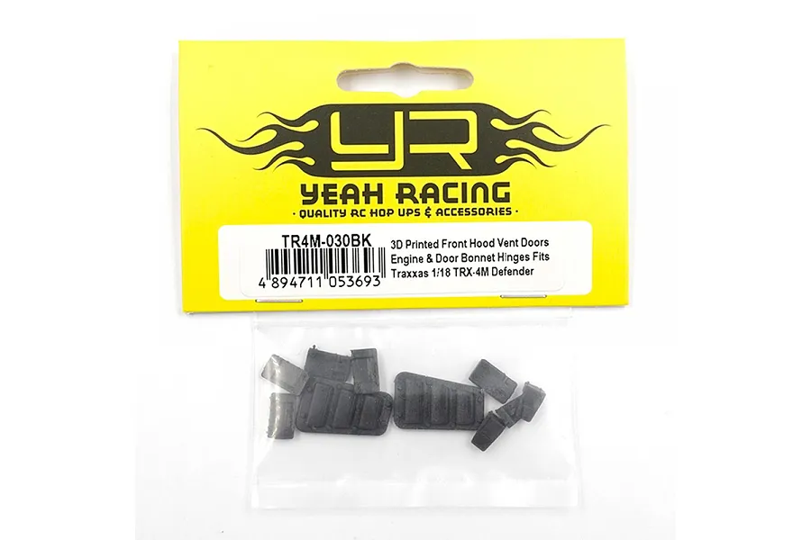 Yeah Racing black hood vents and hinge set for Traxxas 1/18 TRX-4M Defender in original yellow and white packaging.