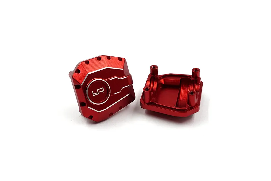 Two red anodized aluminium differential covers for RC cars, showing front and back views with the Yeah Racing logo.