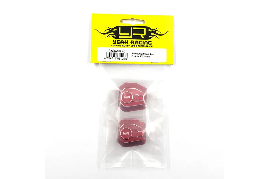 Two red aluminium differential covers for Axial SCX10 in Yeah Racing branded retail packaging.