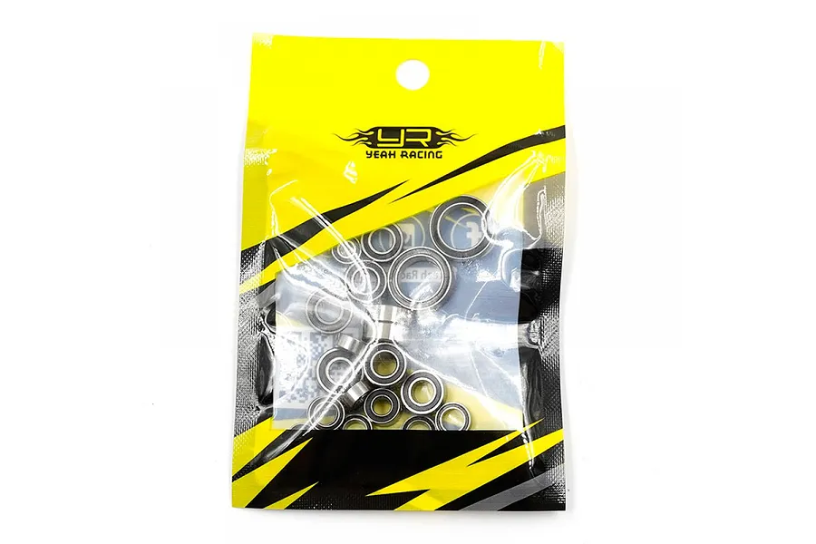 A sealed plastic retail bag containing a set of various sized metal ball bearings from Yeah Racing.