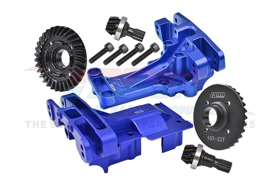 GPM Blue Aluminium Front &amp;amp; Rear Upper Bulkhead w/ 10T/32T Differential Gear Set image 83149