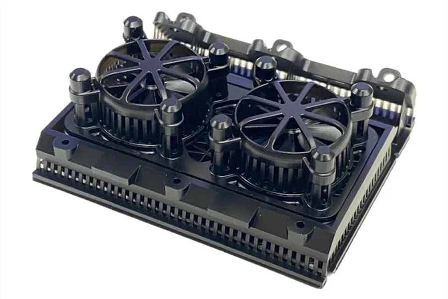 A black 1/10 scale RC radiator assembly accessory with dual cooling fans, shown from a high-angle perspective on a white background.
