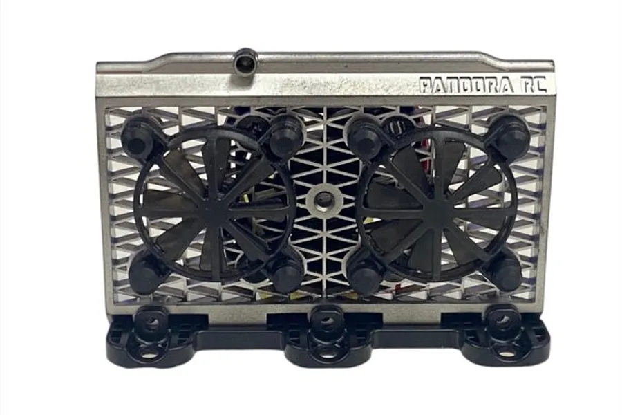 A 1/10 scale RC radiator assembly accessory by Pandora RC featuring dual black cooling fans mounted on a metallic silver radiator frame.