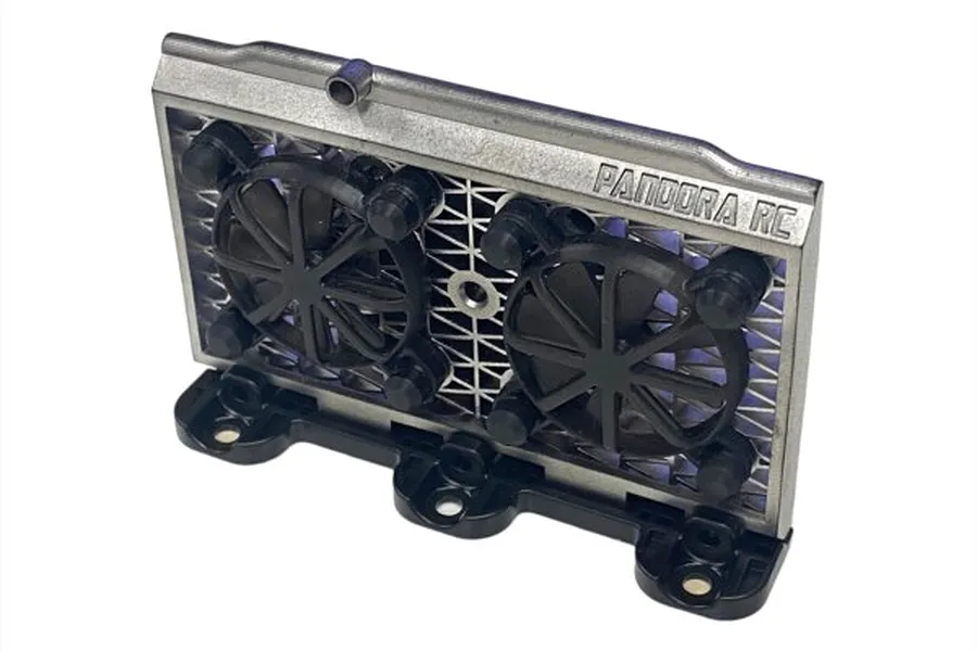 A 1/10 scale RC radiator assembly accessory by Pandora RC featuring dual black cooling fans mounted on a silver radiator core with a black base.