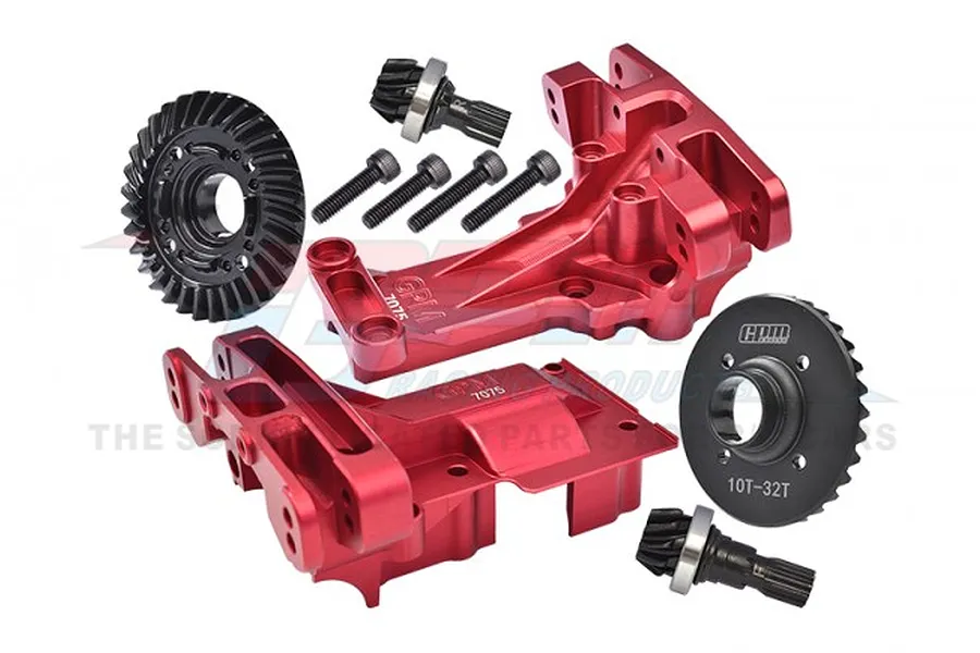 GPM Red Aluminium Front &amp;amp; Rear Upper Bulkhead w/ 10T/32T Differential Gear Set image 83600