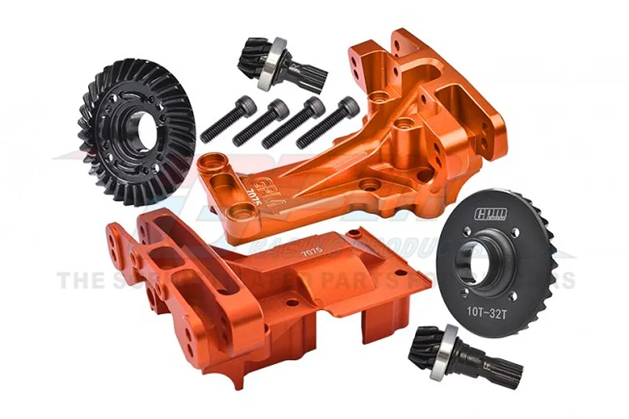 GPM Orange Aluminium Front &amp;amp; Rear Upper Bulkhead w/ 10T/32T Differential Gear Set image 83601